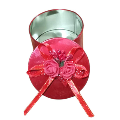 Elegant Red Round Jewelry Gift Box with Floral Ribbon Design