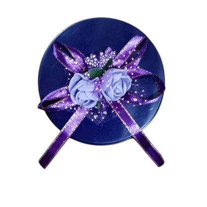 Elegant Round Navy Blue Gift Box with Purple Floral Ribbon – Perfect for Jewelry & Special Occasions