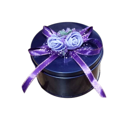 Elegant Round Navy Blue Gift Box with Purple Floral Ribbon – Perfect for Jewelry & Special Occasions