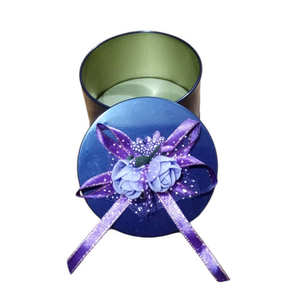 Elegant Round Navy Blue Gift Box with Purple Floral Ribbon – Perfect for Jewelry & Special Occasions