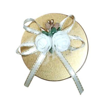 Luxury Gold Round Metal Jewelry Gift Box with Elegant Floral Bow
